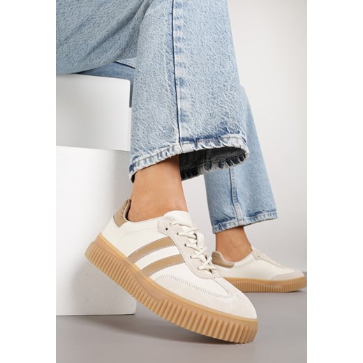 Beżowo-Brązowe Skórzane Sneakersy Klasyczne Tenisówki z Zamszu Naturalnego Teniresela ze sklepu born2be.pl w kategorii Buty sportowe damskie - zdjęcie 185421655
