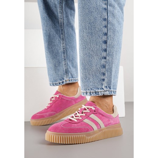 Fuksjowe Skórzane Sneakersy Klasyczne Tenisówki z Zamszu Naturalnego Teniresela ze sklepu born2be.pl w kategorii Buty sportowe damskie - zdjęcie 185421667