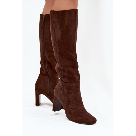 Damskie Kozaki Ocieplane Na Słupku Czekoladowe Zamira Boto 40 ZAZOO