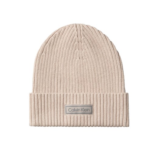 Calvin Klein Czapka Patch Chunky Rib Cotton Beanie LV04D8053G Beżowy ze sklepu MODIVO w kategorii Czapki zimowe damskie - zdjęcie 185441877