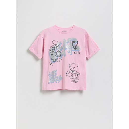 Reserved - T-shirt z nadrukiem - pastelowy róż ze sklepu Reserved w kategorii Bluzki dziewczęce - zdjęcie 185449565