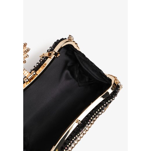 Czarna Cyrkoniowa Torebka Kopertówka z Kwiatową Aplikacją i Łańcuszkiem Fessavia uniwersalny born2be.pl