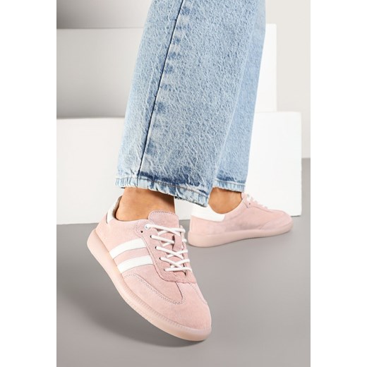 Różowe Skórzane Sneakersy na Płaskiej Podeszwie Ozdobione Paskami Nelavirae ze sklepu born2be.pl w kategorii Buty sportowe damskie - zdjęcie 185458109