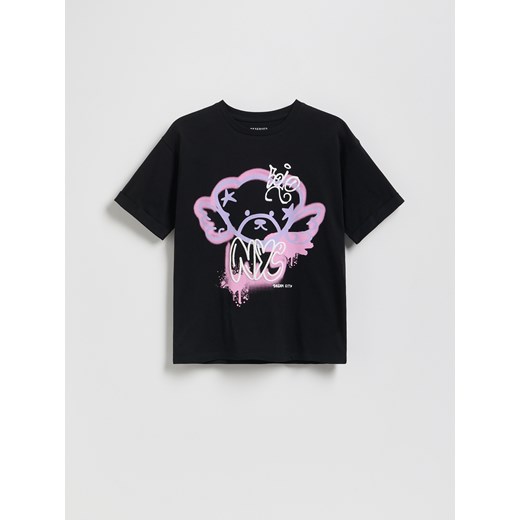 Reserved - T-shirt z nadrukiem - czarny ze sklepu Reserved w kategorii Bluzki dziewczęce - zdjęcie 185467436