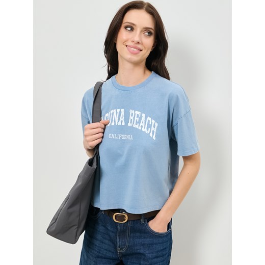 Sinsay - Bawełniana koszulka z napisem wakacyjnym - niebieski Sinsay L Sinsay wyprzedaż