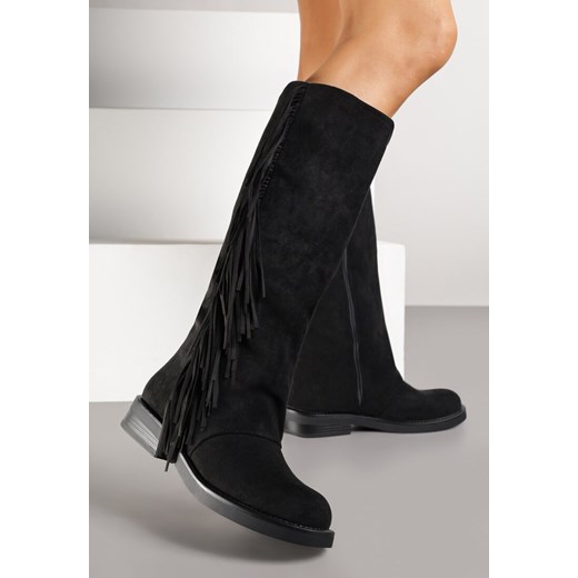 Czarne Kozaki z Imitacji Zamszu w Estetyce Boho Zdobione Frędzlami Vemarose Renee 38 renee.pl