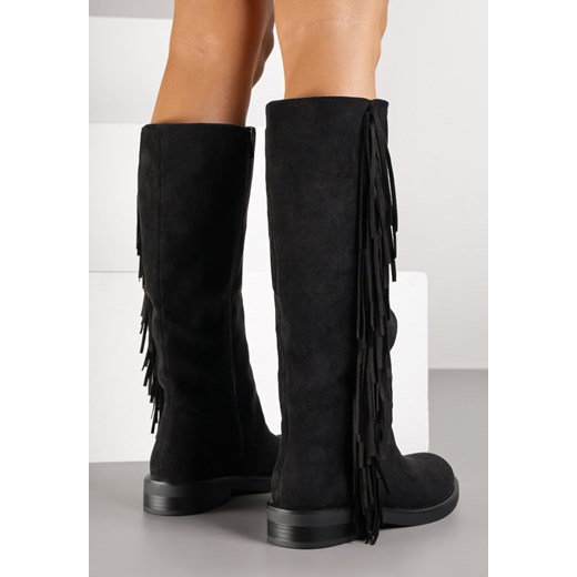 Czarne Kozaki z Imitacji Zamszu w Estetyce Boho Zdobione Frędzlami Vemarose Renee 38 renee.pl