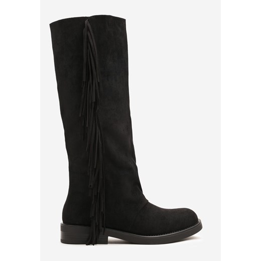 Czarne Kozaki z Imitacji Zamszu w Estetyce Boho Zdobione Frędzlami Vemarose Renee 38 renee.pl
