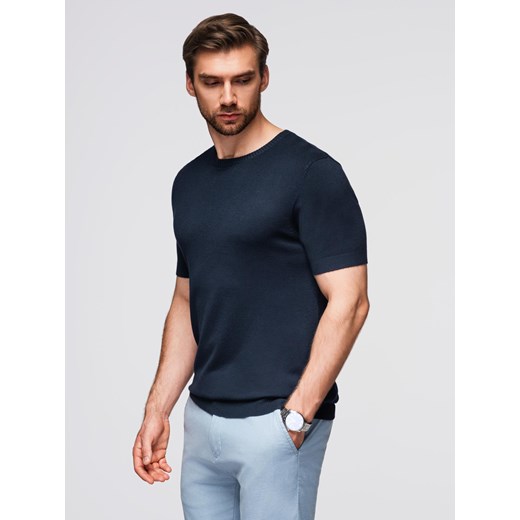 Męska klasyczna dzianinowa koszulka ze ściągaczami– granatowa V1 OM-TSCT-0252 ze sklepu ombre w kategorii T-shirty męskie - zdjęcie 185491457