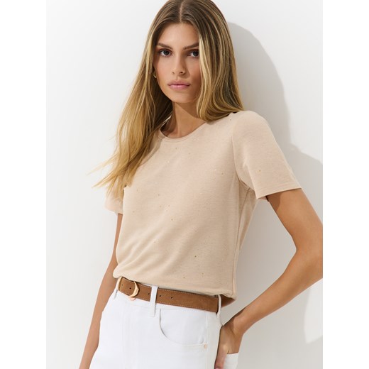 Mohito - T-shirt z ozdobnymi elementami - beżowy ze sklepu Mohito w kategorii Bluzki damskie - zdjęcie 185491698