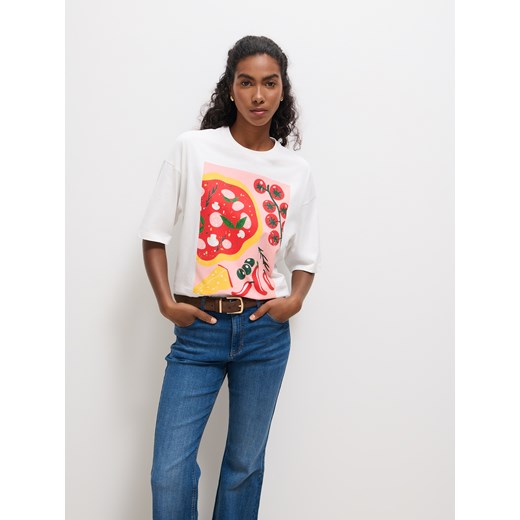 Mohito - Bawełniany t-shirt z nadrukiem - biały ze sklepu Mohito w kategorii Bluzki damskie - zdjęcie 185491709