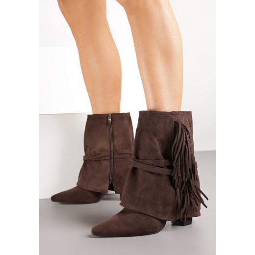 Ciemnobrązowe Botki Boho z Cholewką Imitującą Nogawkę i Frędzlami Zaslie ze sklepu renee.pl w kategorii Botki - zdjęcie 185496498