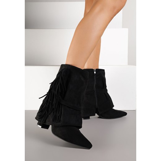 Czarne Botki w Stylu Boho z Wywiniętą Cholewką i Frędzlami Harile 41 born2be.pl