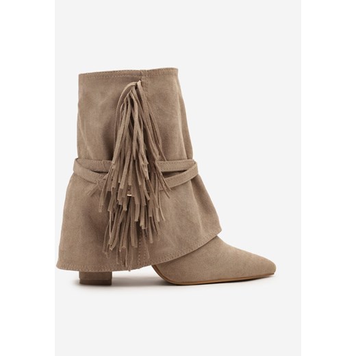 Ciemnobeżowe Botki w Stylu Boho z Wywiniętą Cholewką i Frędzlami Harile 41 born2be.pl