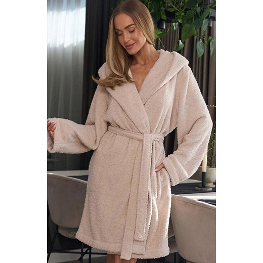 Krótki szlafrok damski z kapturem angora 2557 Slim, Kolor beżowy, Rozmiar M, L&amp;L ze sklepu Primodo w kategorii Szlafroki damskie - zdjęcie 185508447