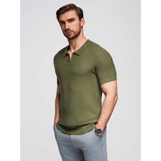Męska dzianinowa koszulka polo bez zapięcia – oliwkowa V1 OM-POSS-0157 ze sklepu ombre w kategorii T-shirty męskie - zdjęcie 185512238