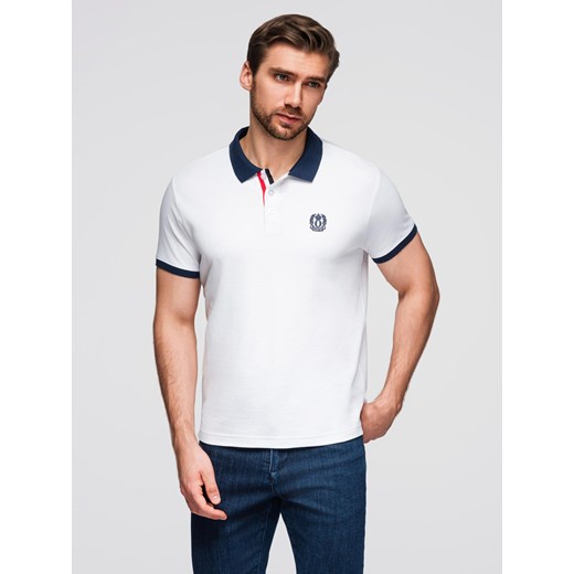 Męska koszulka polo z kolorowymi akcentami – biała V2 OM-POSS-0105 ze sklepu ombre w kategorii T-shirty męskie - zdjęcie 185516159