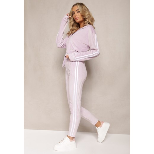 Jasnofioletowy 2-Częściowy Komplet Dresowy z Weluru z Ozdobnymi Lampasami Bluza i Spodnie Anelpe ze sklepu renee.pl w kategorii Dresy damskie - zdjęcie 185536176