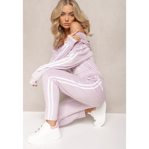 Jasnofioletowy 2-Częściowy Komplet Dresowy z Weluru z Ozdobnymi Lampasami Bluza i Spodnie Anelpe - id: 8217-72-L.VIOLET - marki Renee - 185536178 Jasnofioletowy 2-Częściowy Komplet Dresowy z Weluru z Ozdobnymi Lampasami Bluza i Spodnie Anelpe ze sklepu renee.pl w kategorii Dresy damskie - zdjęcie 185536178