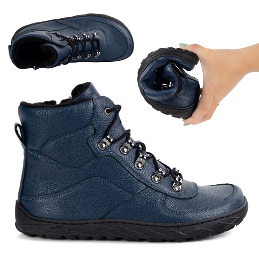 Buty barefoot zimowe damskie skórzane ocieplane wełną lekkie granatowe 1292 ze sklepu butyolivier w kategorii Półbuty damskie - zdjęcie 185537839