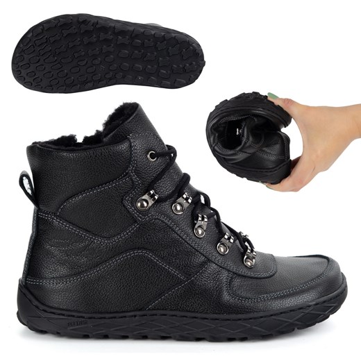 Buty barefoot zimowe damskie skórzane ocieplane wełną szeroki przód czarne 1292 ze sklepu butyolivier w kategorii Botki - zdjęcie 185537868