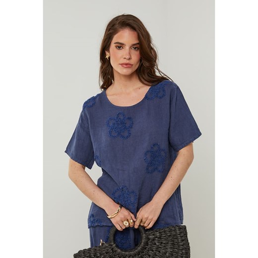 Rodier Lin Lniana koszulka w kolorze granatowym ze sklepu Limango Polska w kategorii Bluzki damskie - zdjęcie 185539239