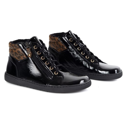 Damskie minimalistyczne buty skórzane zimowe barefoot 1293 czarny lakier z panterka ze sklepu butyolivier w kategorii Półbuty damskie - zdjęcie 185546707