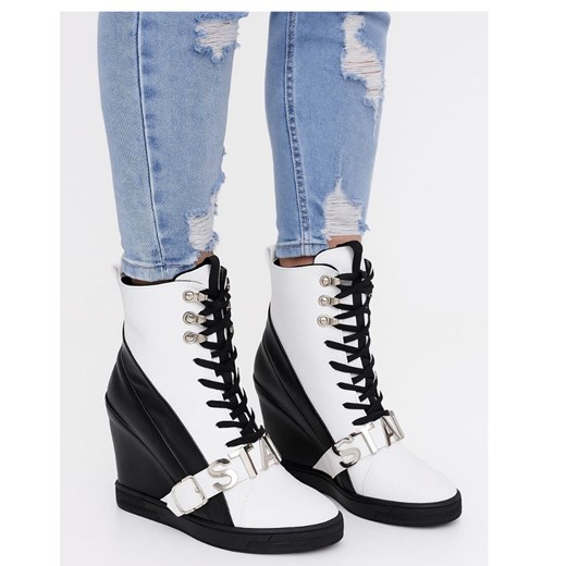 Sznurowane biało czarne trampki sneakersy koturnie /C1-3 18050 T284/ ze sklepu Pantofelek24.pl w kategorii Botki - zdjęcie 185554665