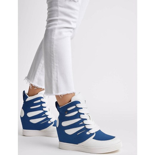 Sznurowane biało niebieskie trampki sneakersy koturnie /C4-3 18048 T284/ ze sklepu Pantofelek24.pl w kategorii Botki - zdjęcie 185554668