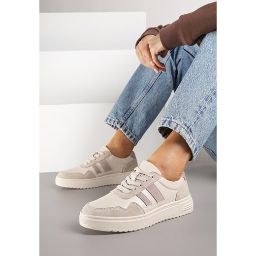 Beżowe Sneakersy ze Skóry Naturalnej Ozdobione Paskami Arabbela ze sklepu renee.pl w kategorii Buty sportowe damskie - zdjęcie 185561076