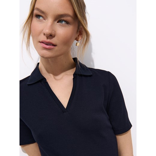 Mohito - Granatowa bluzka z kołnierzykiem polo - granatowy Mohito S Mohito