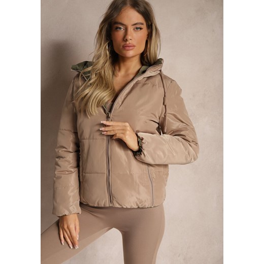 Beżowa Pikowana Kurtka Dwustronna z Kapturem Ozdobiona Suwakami Nevetila ze sklepu renee.pl w kategorii Sandały damskie - zdjęcie 185574468