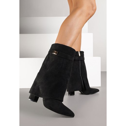 Czarne Botki z Imitacji Zamszu na Słupku z Wywiniętą Cholewką Eleave ze sklepu born2be.pl w kategorii Botki - zdjęcie 185578278