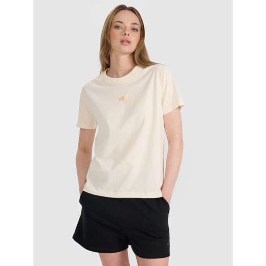 Damski t-shirt oversize z nadrukiem 4F 4FRSS25TTSHF3163 - beżowy XS okazja Sportstylestory.com