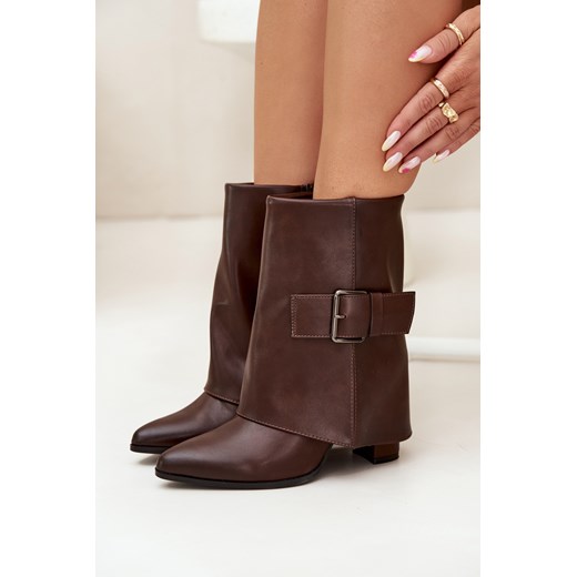 Botki Damskie Obcas Słupek Wywinięta Cholewka Klamra Brązowe Ylenara Boto 39 ZAZOO