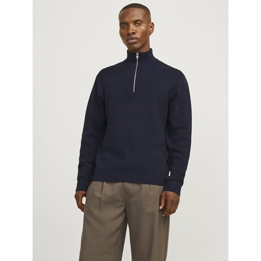 Jack & Jones Męski sweter z dzianiny - Milano Mężczyźni Bawełna granatowy jednolity ze sklepu vangraaf w kategorii Swetry męskie - zdjęcie 185589587