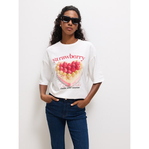 Mohito - Bawełniany t-shirt z nadrukiem - biały ze sklepu Mohito w kategorii Bluzki damskie - zdjęcie 185593199