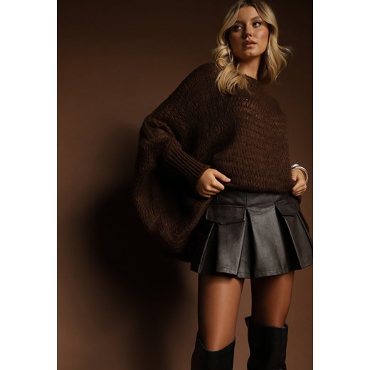 Brązowy Luźny Sweter Dzianinowy w Stylu Ponczo Nattava ze sklepu renee.pl w kategorii Swetry damskie - zdjęcie 185595999
