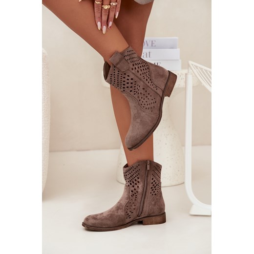 Damskie Botki Płaski Obcas Ażurowe Na Zamek Ciemnobeżowe Amisna ze sklepu ZAZOO w kategorii Botki - zdjęcie 185602106