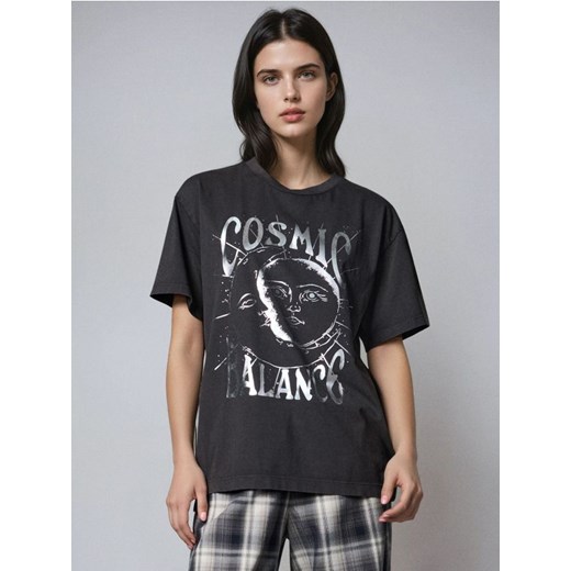 Sinsay - Koszulka z metalicznym nadrukiem - fioletowy ze sklepu Sinsay w kategorii Bluzki damskie - zdjęcie 185615779