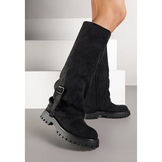 Czarne Kozaki Ozdobione Klamrą i Wywiniętą Cholewką Laticea ze sklepu renee.pl w kategorii Kozaki damskie - zdjęcie 185620907