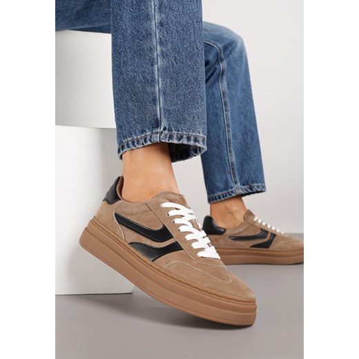 Brązowe Sneakersy Zamszowe w Stylu Tenisówek z Geometrycznym Wzorem Naliane ze sklepu born2be.pl w kategorii Buty sportowe damskie - zdjęcie 185621107