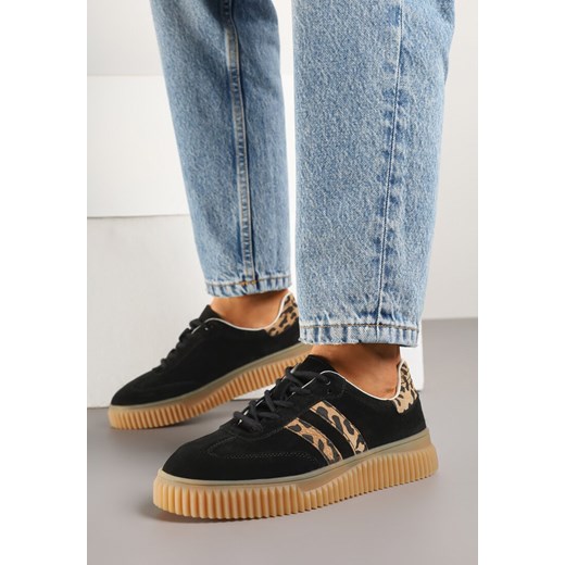 Czarne Skórzane Sneakersy Klasyczne Tenisówki z Zamszu Naturalnego ze Wzorem w Panterkę Teniresela ze sklepu born2be.pl w kategorii Buty sportowe damskie - zdjęcie 185625289