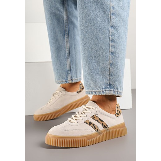 Beżowe Skórzane Sneakersy Klasyczne Tenisówki z Zamszu Naturalnego ze Wzorem w Panterkę Teniresela ze sklepu born2be.pl w kategorii Buty sportowe damskie - zdjęcie 185625295
