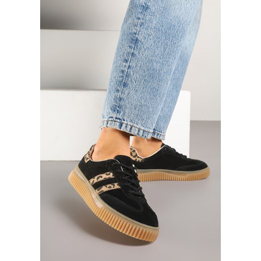 Czarne Zamszowe Sneakersy w Stylu Kultowych Tenisówek ze Skórzaną Wkładką i Wzorem w Panterkę Tenannia ze sklepu renee.pl w kategorii Buty sportowe damskie - zdjęcie 185625309