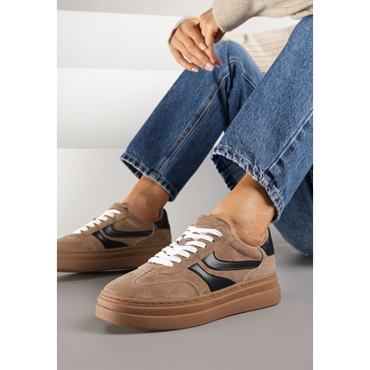 Brązowe Zamszowe Sneakersy Tenisówki Ozdobione Geometrycznym Motywem Nalivette ze sklepu renee.pl w kategorii Buty sportowe damskie - zdjęcie 185625336