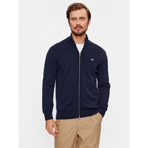 Gant Kardigan Casual Cotton Zip 8030164 Granatowy Regular Fit ze sklepu MODIVO w kategorii Swetry męskie - zdjęcie 185625608