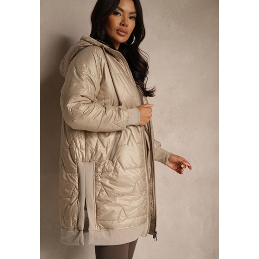 Beżowa Przejściowa Kurtka z Kapturem Zdobiona Pikowaniem Fesulia ze sklepu renee.pl w kategorii Kurtki damskie - zdjęcie 185643826