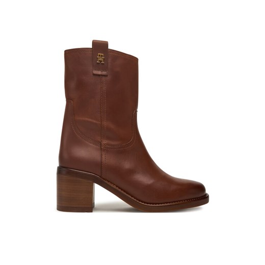 Tommy Hilfiger Botki Riding Lthr Mid Boot Block Heel FW0FW08776 Brązowy ze sklepu MODIVO w kategorii Botki - zdjęcie 185653847