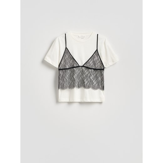 Reserved - T-shirt z koronkowym topem - złamana biel Reserved S Reserved